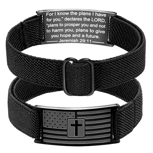 Easter Basket Stuffers - American Flag Cross Bracelet for Boys Men Freedom Adjustable Strap Christian Bracelets Engraved Bible Verses Inspirational Messages Religious Prayer Jewelry Gift Military Patriotic Wristbands - color: Black, size: Jeremiah 29:11