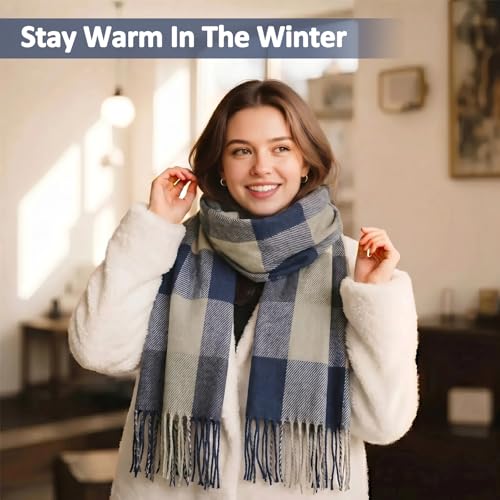 Loritta Winter Scarf for Women, Long Plaid Shawl Wraps Scarves Gifts - color: F-blue Grey Lattice