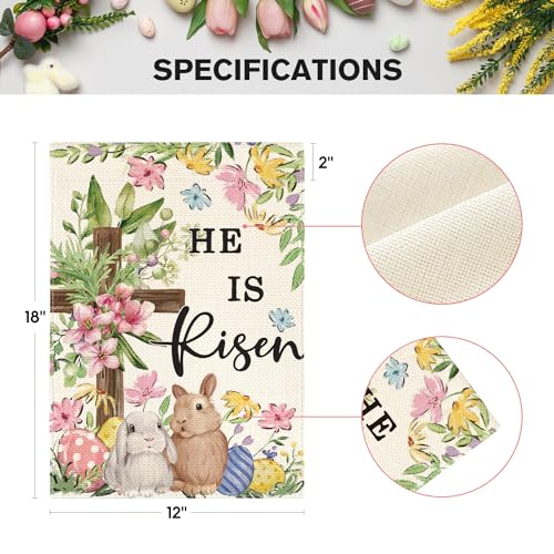 AVOIN colorlife Bunnies Cross He Is Risen Easter Garden Flag 12x18 Inch - size: Garden Size-12 x 18"