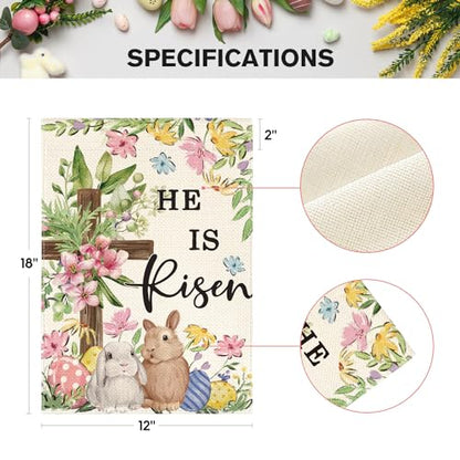 AVOIN colorlife Bunnies Cross He Is Risen Easter Garden Flag 12x18 Inch - size: Garden Size-12 x 18"