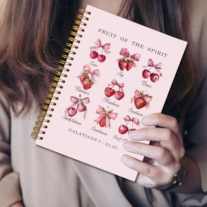 JINYO Coquette Pink Bow Cherry Strawberry Christian Notebook, Fruit of the Spirit Bible Notebook, Prayer Journal for Woman, Church Notes Journal, Scripture Spiral Notebooks 5.5x8.3 Inch（Pink） - color: white Cherry Strawberry Notebook