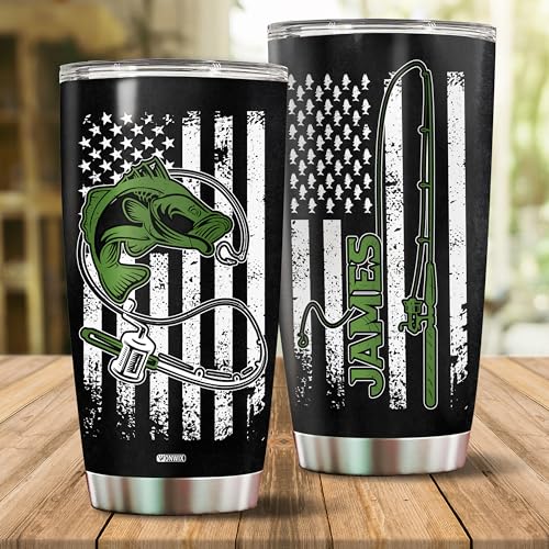 Personalized Fishing Gifts for Men American Flag Insulated Stainless Steel 20oz With Lid Travel Cup Coffee Mug Fish Tumbler Gift for Fisherman Him Dad Husband - color: FISHING