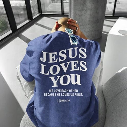 Mens Christian Shirts Jesus is King Love You Tshirt God Faith Religious Bible Verse Oversized Acid Wash Graphic Tees - color: Blue, size: X-Small