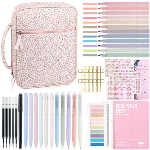 Bible Cover for Women Bible Case Large Bag Study Supplies Journaling Kit Book Carrying Case with Highlighters Christian Gifts for Women - color: Pink Ditsy Jumbo Pack, size: Upgraded Set