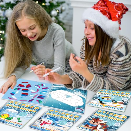 4Pcs Winter Paint by Sticker Books Hello Winter Sticker by Number Books Activity Book Puzzle Book Craft Art Toddler Gift with Igloo Snowman Penguin Squirrel 32 Pictures - style: Hello Winter
