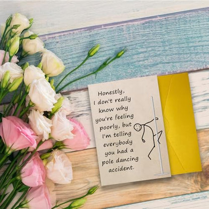 Funny Get Well Card for Friend Family, Pole Dancing Accident Get Well Card Gift from Bistie Colleague Siblings, Rude Humor Recovery Cards. - color: #3