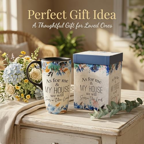 Topadorn 17oz Ceramic Travel Mug with Lid, Christian Bible Verse Mug - color: As for me&my house