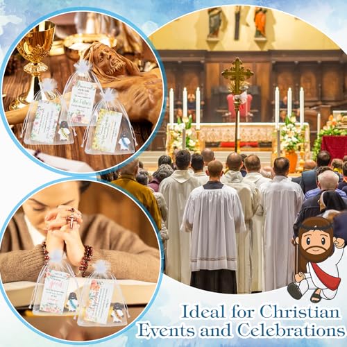 Bememo 50 Sets Christian Gifts Bulk Bible Verse Cards Include Little Jesus Figures Prayer Cards and Organza Bags for Religious Party Favors Sunday Baptism Gifts(Flower Style,Dark) - color: Dark, style: Flower Style