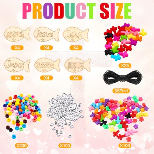 24Sets Christian Keychain Making Craft Kit with Wood Jesus Fish&Letter Beaads&Adjustable Rope,DIY Church Keychain Backpack Religious Keychains Cross Charm for Sunday Church School First Day Gifts