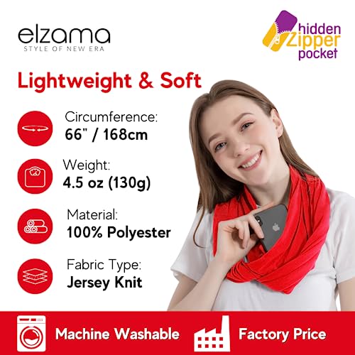 elzama Infinity Loop Solid Color Scarf With Hidden Zipper Pocket For Women - Lightweight Travel Neck Wrap - color: 09-red