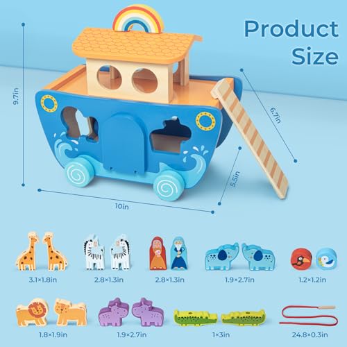 Wooden Noahs Ark Toy with Animal|Baby Baptism Gifts for Boys and Girl