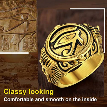 ChainsProMax Can Engrave Men Ancient Egyptian Eye of Ra Ankh Cross Ring, Size #7-#14, Stainless Steel/Gold Plated/Black (Send Gift Box) - color: Engrave-Eye of Ra-golden