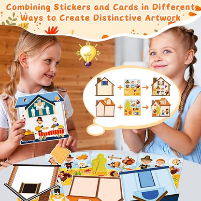 CY2SIDE Thanksgiving Pilgrimage Scene Sticker - 12 Set Pilgrims Theme Sticker Art Craft for Kids Classroom Activities, Make a Native American Scene Game with Turkey Decal for Thanksgiving Party Favors - style: Pilgrimage
