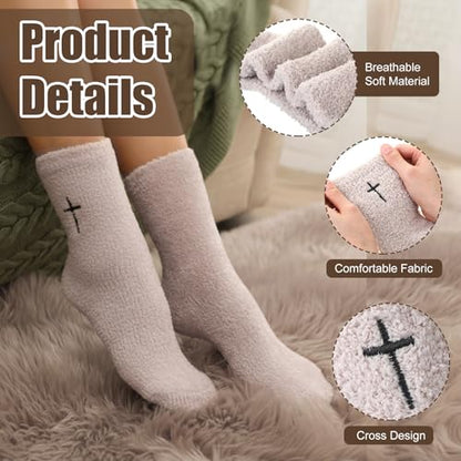 Cutecrop 5 Pairs Christian Gifts Socks Cross Print Fuzzy Socks Jesus Gifts Religious Fluffy Cozy Slipper Sock for Women Men - color: Light Color