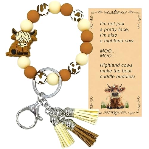 SHINYHARBOR Silicone Beaded Wristlet Keychain Bracelet,Key Wrist Keychains for Women Mom Teachers Best Friend - color: Cow-brown