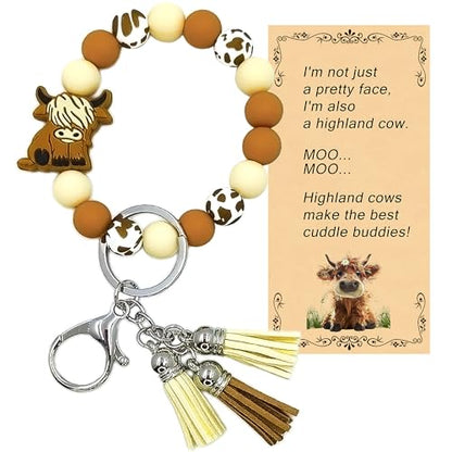 SHINYHARBOR Silicone Beaded Wristlet Keychain Bracelet,Key Wrist Keychains for Women Mom Teachers Best Friend - color: Cow-brown