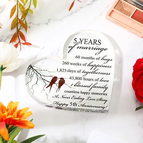 Qunclay 5th Marriage Gift for Parents Couple 5 Years Wedding Anniversary Souvenir Heart Marriage Keepsake Wedding Anniversarys Decorations for Women Men Mom Husband Wife He She Friend Grandparents - style: 5th