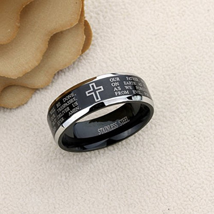 8mm Stainless Steel Wedding Band Ring for Men & Women Lord's Prayer Engraved Cross Praying Ring for Men & Woman