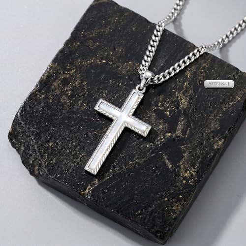 MRENITE Silver Natural Stone Cross Necklace, Classic Latin Cross Pendant Necklace for Unisex Women Man, Vintage Crystal Quartz Cross Necklace with 20+2 Inches Adjustable Cuban Chain - style: Moonstone