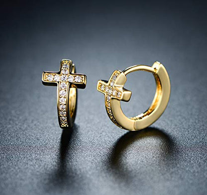 Barzel 18k Gold Plated Crystal Cross Huggies 0.5in length Earrings for Women - Made In Brazil