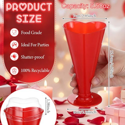 20 Pcs Valentine's Day Cups Heart Shaped Champagne Flutes with Lids 5.6 oz Dessert Cups Plastic Disposable Champagne Glasses for Parties, Bar, Events, Wedding Party Supplies (Red) - color: Red