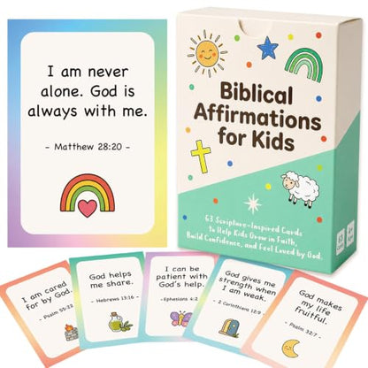 Biblical Affirmation Cards, 63 Scripture-Based Flash Cards Christian Encouragement & Positive Affirmations for Daily Faith, Back to School Gifts, Sunday School, VBS & Homeschool Supplies