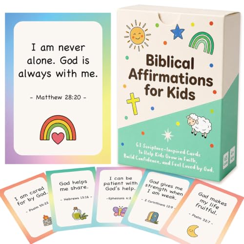 Biblical Affirmation Cards, 63 Scripture-Based Flash Cards Christian Encouragement & Positive Affirmations for Daily Faith, Back to School Gifts, Sunday School, VBS & Homeschool Supplies
