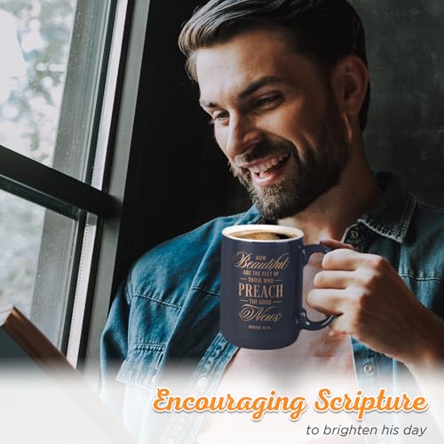Christian Art Gifts Large Matted Ceramic Coffee & Tea Mug for Pastors: Preach the Good News Golden Inspirational Scripture, Lead & Cadmium-free Sturdy Novelty Mens Drinkware, Navy Blue & White, 14 oz. - color: Navy Blue/Pastor