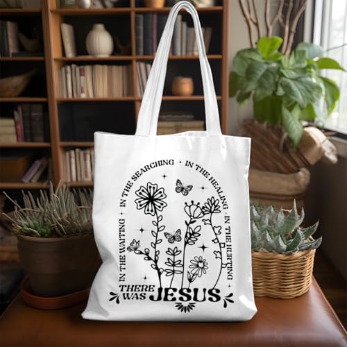 VICBOU Bible Verse Canvas Tote Bag Religious Christian Gifts for Women Men Faith Canvas Tote Reusable Grocery Bag - color: Therewasjesus