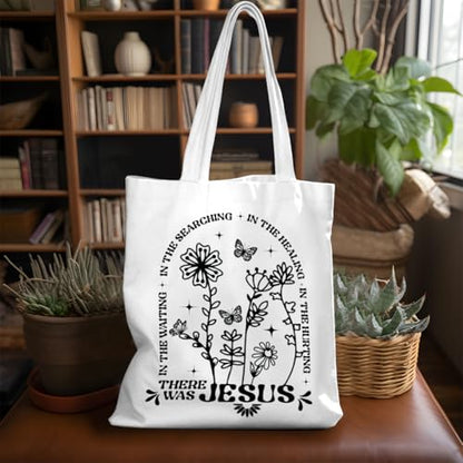 VICBOU Bible Verse Canvas Tote Bag Religious Christian Gifts for Women Men Faith Canvas Tote Reusable Grocery Bag - color: Therewasjesus