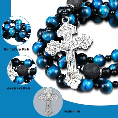 Huwena Rosary Beads Catholic for Men Blue Necklace Tiger Eye Beads with Medal Cross Prayer Crucifix Handmade Gift Supplies for Men Women 20.87 in Our Lady of Grace Rosary Cross Necklace Catholic Gifts
