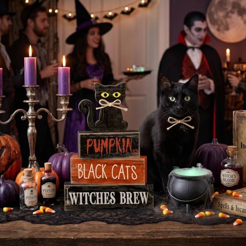 Lineshading 4 Pcs Halloween Table Decor for Home, Wooden Black Cat Sign Set - style: Black Cat