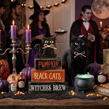 Lineshading 4 Pcs Halloween Table Decor for Home, Wooden Black Cat Sign Set - style: Black Cat