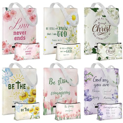 12 Pcs/6 Sets Christian Gifts Bible Verse Canvas Tote Bags and Makeup Bags Thickened Double Sided Bulk Floral Cosmetic Bag Pencil Pouches for Women Inspirational Mothers Day Church Floral Religious