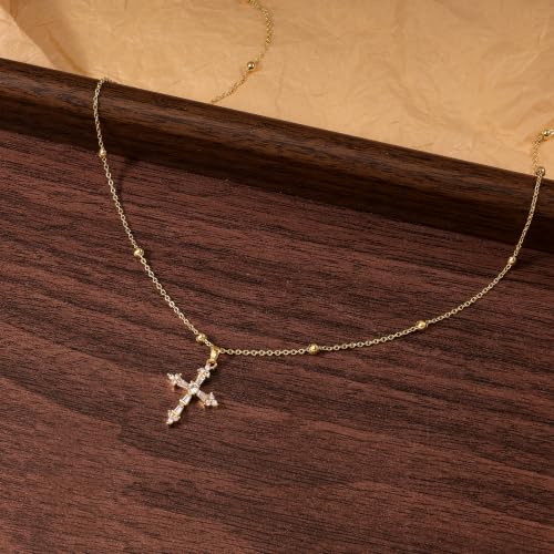 Cross Necklace for Women,14K Gold Plated Cross Pendant Necklace Jewelry - color: GD-Beads