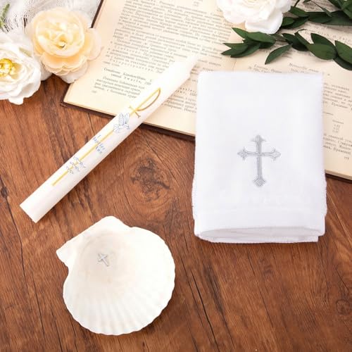 Baptism Candle Set for Boy Girls - Baptism Kit Include Baptismal Candles, Towel and Shell. Vela para Bautizo, Christening Set Velas para Bautizo De Niño Baptismal Kit Gifts (Silver) - color: Silver