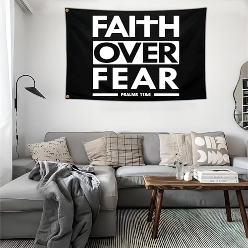 Faith Over Fear Flag Christian Jesus Flags 3x5 Outdoor Funny Tapestry Flag Inspirational Gym Motivational Flags for Room Guys Home Gym Bedroom College Dorm Motivation Wall Art Decor Banner