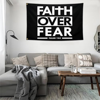 Faith Over Fear Flag Christian Jesus Flags 3x5 Outdoor Funny Tapestry Flag Inspirational Gym Motivational Flags for Room Guys Home Gym Bedroom College Dorm Motivation Wall Art Decor Banner