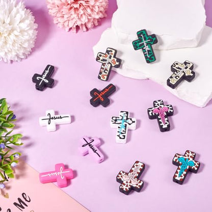 Beadthoven 12Pcs 12 Styles Cross Silicone Focal Beads Word Jesus Cow Leopard Printed Silicone Beads Cute Cross Shaped Charm Spacers for Pens Keychain Jewelry Making DIY Supplies Crafting - color: Jesus Cross 12 Styles