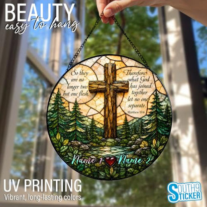 Custom Christian Religious Wedding Stained Glass Suncatcher Personalized Couple Names Wedding Cross Window Hanging Ornament, Family Home Décor, Valentines, Christmas Sympathy Sun Catcher Gifts