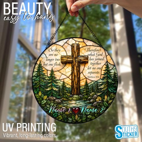 Custom Christian Religious Wedding Stained Glass Suncatcher Personalized Couple Names Wedding Cross Window Hanging Ornament, Family Home Décor, Valentines, Christmas Sympathy Sun Catcher Gifts