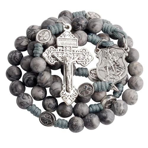 HanlinCC Stone Beads St.Michael Paracord Catholic Rosary with Bag for Men - style: Map Stone