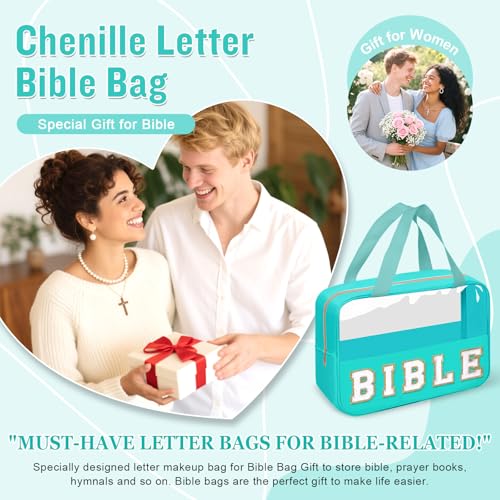 Chenille Letter Bible Bag Case for Girls,Large Study Supplies Church Bag Cover Purse Fits All Bibles,Cute Preppy Christian Tote with Handle Zipper Bible Accessories Gifts for Women(BIBLE-Green) - color: Bible-green