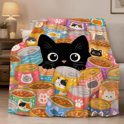 Black Cat Throw Blanket Food Can Kawaii Pet Lover Stuff Gifts 60''X80'' - color: Black Cat, size: 60''x80''