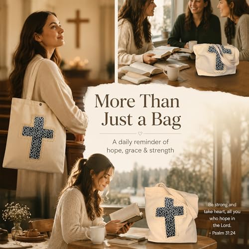 Christian Tote Bag Gift for Women, Canvas Bible Bag Handmade Floral Cross - color: Cream-black Ditsy Floral