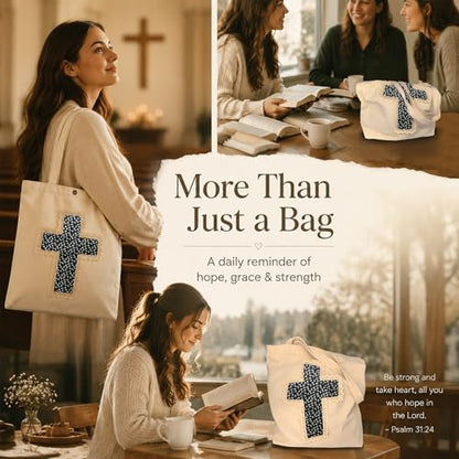Christian Tote Bag Gift for Women, Canvas Bible Bag Handmade Floral Cross - color: Cream-black Ditsy Floral