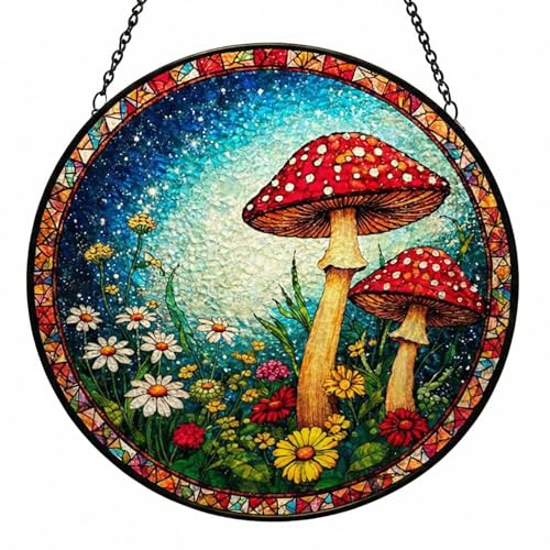 8-inch Hand-Painted Stained Glass Mushroom Suncatcher Window Decoration Bohemian-Style Window Hanging Garden-Themed Decorative Glass Suncatcher Artistic Wall Accent Unique Housewarming Gift(B1) - color: B1