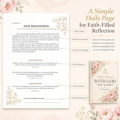 Daily Devotional for Women, 10 Minutes with God 365 Christian Devotions for Prayer, Quiet Time, and Daily Encouragement, Hardcover Gift Book with Pink Ribbon Bookmark