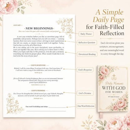 Daily Devotional for Women, 10 Minutes with God 365 Christian Devotions for Prayer, Quiet Time, and Daily Encouragement, Hardcover Gift Book with Pink Ribbon Bookmark