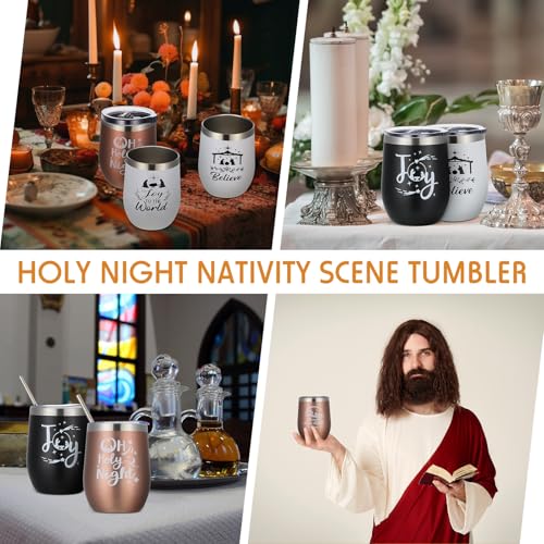 Gejoy 6 Pcs Christmas Wine Tumbler 12 oz Stainless Steel Wine Glass with Lid and Straw Christian Nativity Scene Tumbler Stainless Steel Coffee Cups Travel Mug for Xmas Holiday Party Gift, 6 Patterns